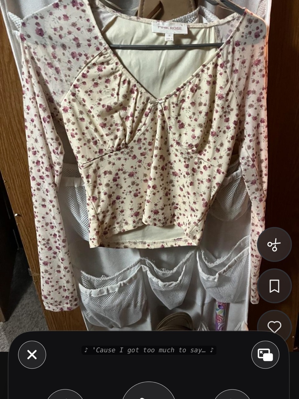 Pink Rose Cream Long-Sleeve Floral Crop Top with Pink Roses